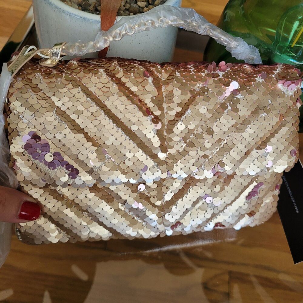 Nicole Miller Gold Quilted Sequin Mini Bag with Chain Strap Purse Crossbody NWT - Picture 7 of 10